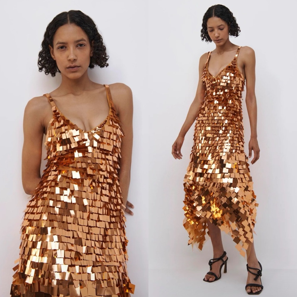 Jonathan Simkhai Indra Orange Penny Copper Square Sequin Dress Size 0 NEW! New!